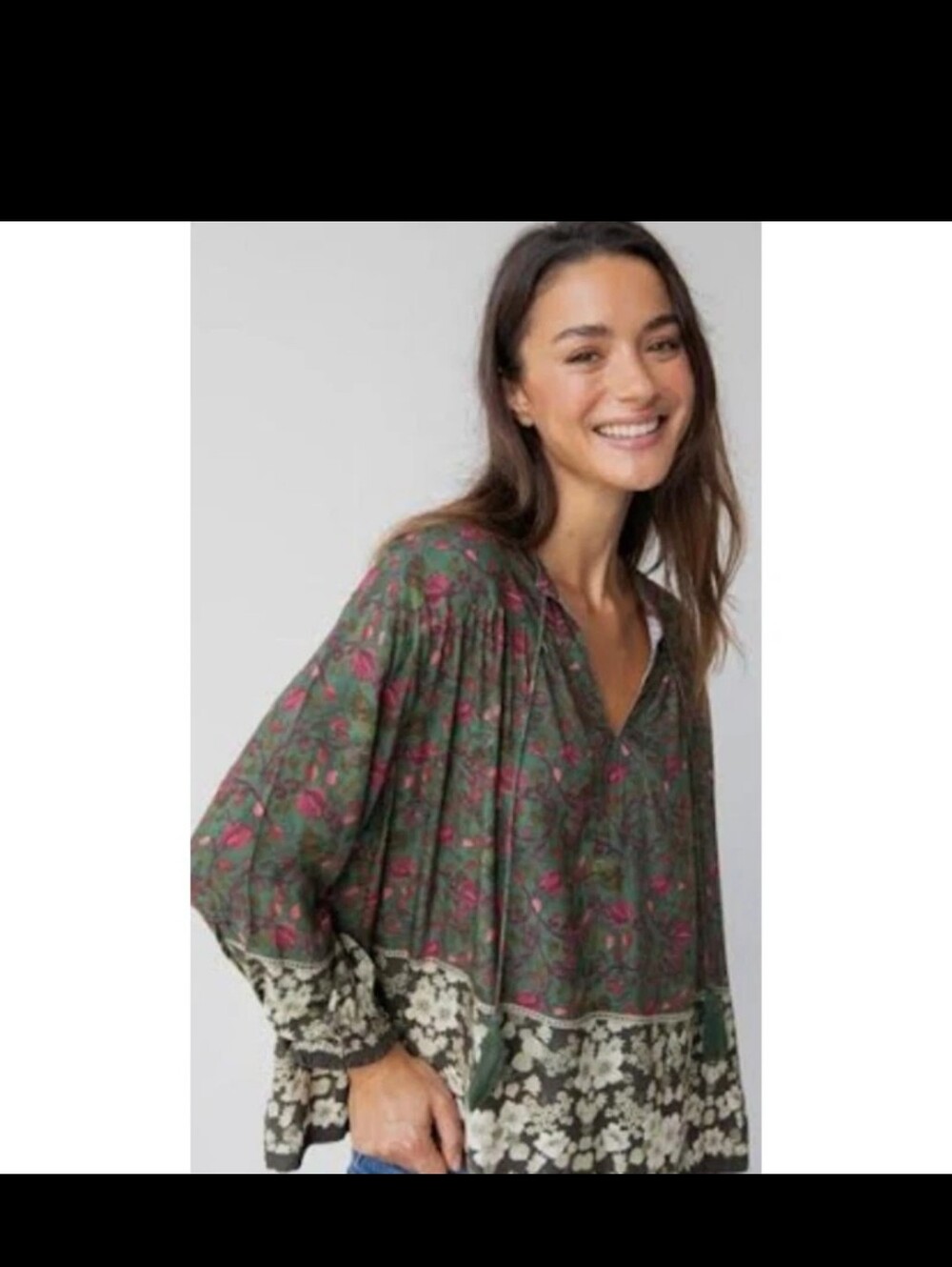 Natural Life Dark Green Floral Blouse V Neck Tassels Elastic At Sleeves Large 🆕